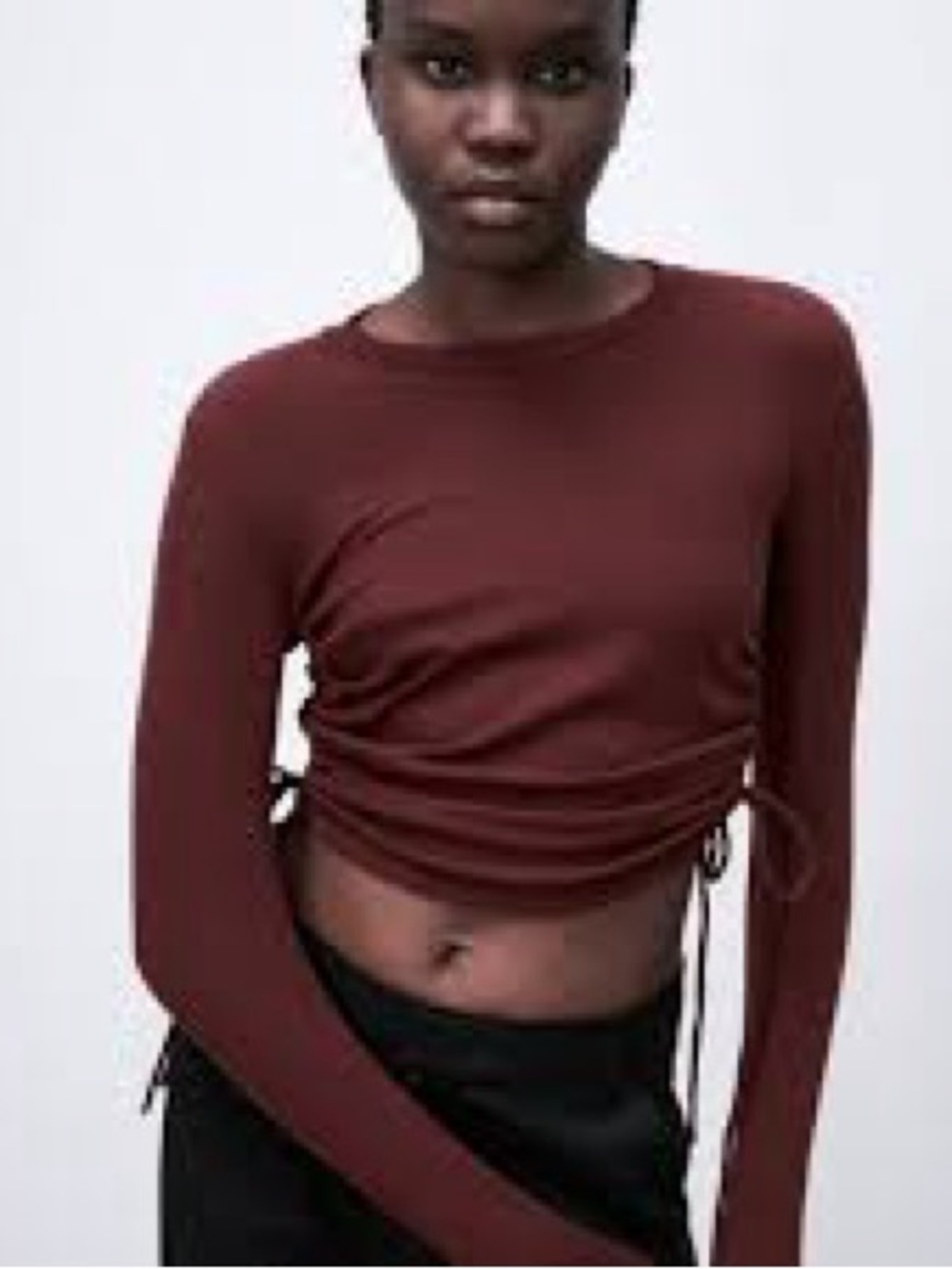 Zara Long-Sleeve Drawstring Crop Top in Burgundy